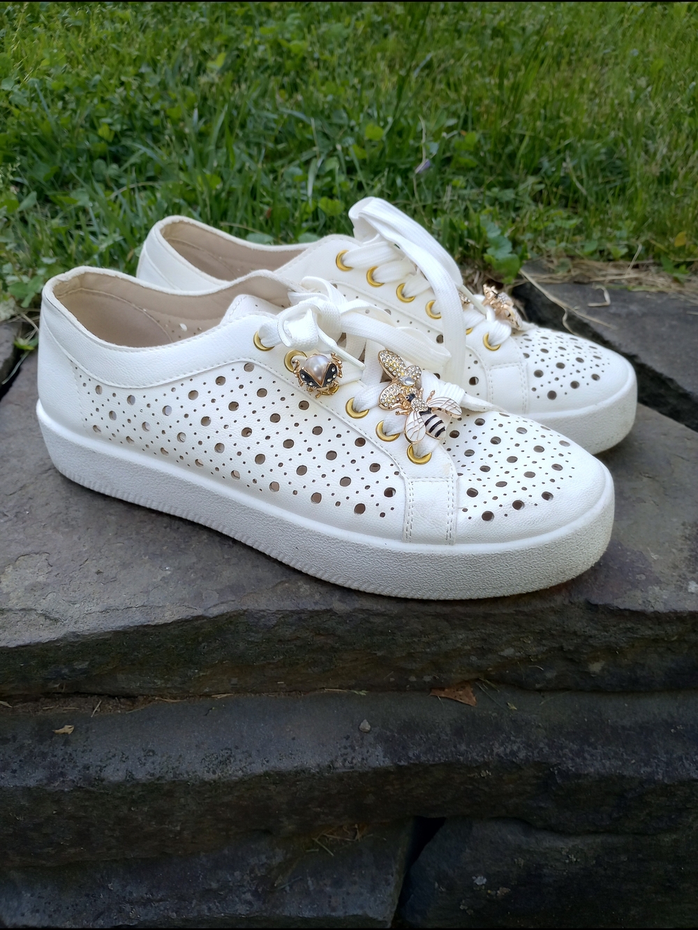 White Perforated Platform Sneakers with Gold Bee Charms